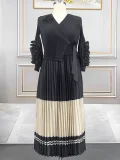 Long Sleeve Color Block Tie Up Maxi Dress GZRF-A232