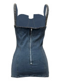 Denim Washed Blue Diamond Halter Mini Dress OD-8745
