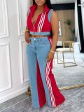 Sleeveless Patchwork Stripe Denim 2 Piece Pants Set AIL-322