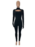 Solid Long Sleeve Hollow Out Jumpsuit(With Mitten) SHD-9719