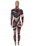 Colorful Print Long Sleeve Mesh Jumpsuit SHD-9732
