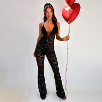 Solid Color Lace Backless Halterneck Jumpsuit SHD-9734