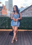 Denim Washed Blue Diamond Halter Mini Dress OD-8745
