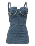 Denim Washed Blue Diamond Halter Mini Dress OD-8745