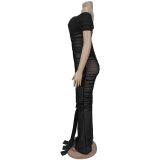 Mesh Pleated Off Shoulder Maxi Dress BY-7406