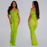 Mesh Pleated Off Shoulder Maxi Dress BY-7406