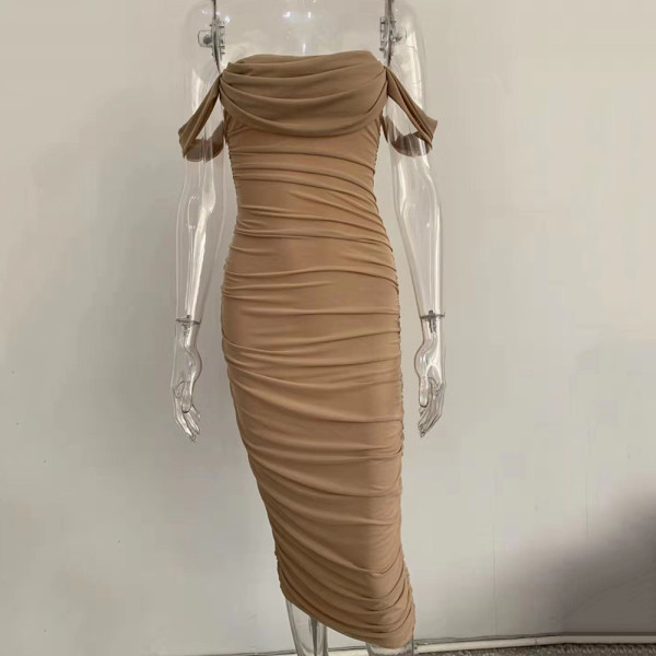 Mesh Pleated One Shoulder Midi Dress JHYB-9034