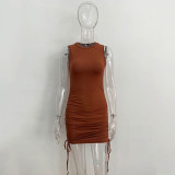 Solid Color Drawstring Sleeveless Mini Dress JHYB-9070