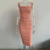 Mesh Pleated One Shoulder Midi Dress JHYB-9034