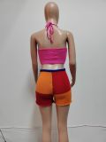 Sweater Halterneck Tops Color Block Short Suit QXTF-9181