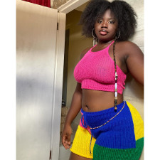 Sweater Halterneck Tops Color Block Short Suit QXTF-9181