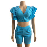 Casual Solid Color V Neck Two Piece Shorts Set GMYU-5019
