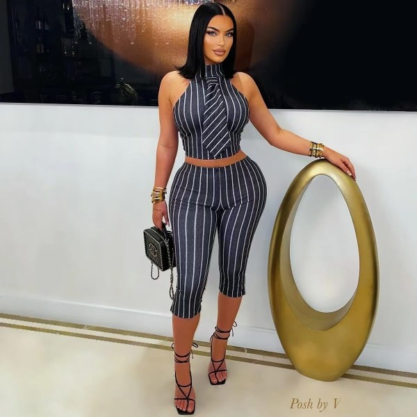 Stripe Sleeveless Tops Seventh Pants Suit QOUY-6063