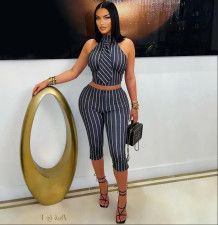 Stripe Sleeveless Tops Seventh Pants Suit QOUY-6063