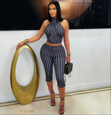 Stripe Sleeveless Tops Seventh Pants Suit QOUY-6063