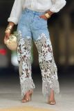 Plus Size Lace Patchwork Washed Jeans GYLN-7795