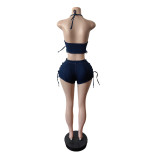 Fashion Denim Tie Up Zipper Vest Shorts Suit MEM-88653