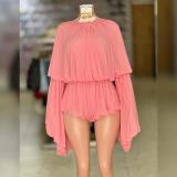 Solid Color O Neck Long Sleeve Two Piece Shorts Set GFDY-1345