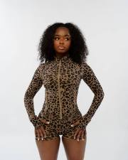 Leopard Print Long Sleeve Zipper Short Suit MEM-88654