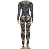 Mesh Print Long Sleeve Bodysuit Two Piece Pants Set DLSF-K25S74505