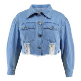 Plus Size Long Sleeve Holes Denim Jackets GDAM-218709