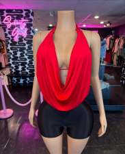 Pre Order: About 7 work days shipping Halterneck Solid Color Tops Short Suit YUEM-300888