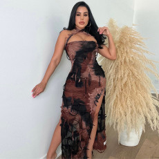 Tie Dye Print Tassel Split Maxi Dress GBTF-7925DG