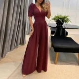 V-neck Tie-up Bubble Short-sleeve Loose Jumpsuit GCNE-8712