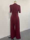 V-neck Tie-up Bubble Short-sleeve Loose Jumpsuit GCNE-8712