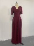 V-neck Tie-up Bubble Short-sleeve Loose Jumpsuit GCNE-8712