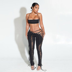 Tie Up Halterneck Vest Bandage Pants Suit DLSF-K24S77149