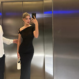 Slash Shoulder Solid Color Slim Maxi Dress DLSF-K24D43826