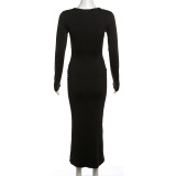 Long Sleeve O Neck Solid Maxi Dress GYME-K23D37748