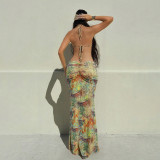 Print Pearl Chain Backless Halterneck Maxi Dress GYME-K24D61483