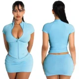 Solid Color Shorts Sleeve Zipper Two Piece Skirts Set XMCS-05