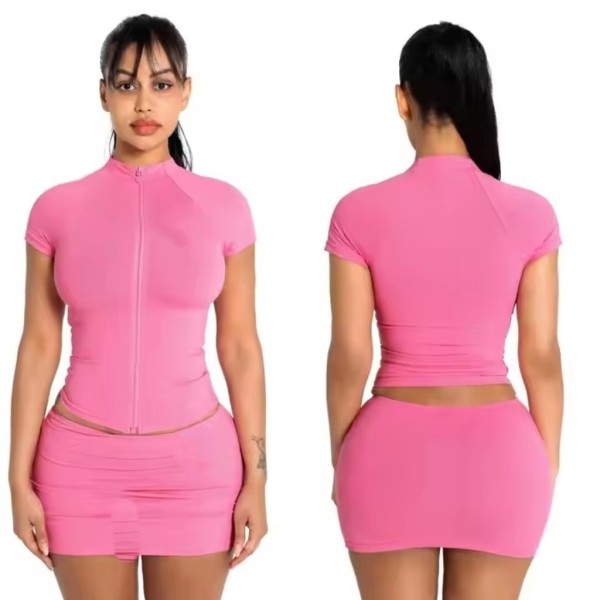 Solid Color Shorts Sleeve Zipper Two Piece Skirts Set XMCS-05