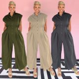 Plus Size Sleeveless Lapel Solid Jumpsuit NY-3658