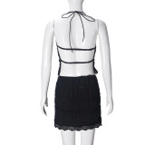 Hollow Out Tie Up Backless Tops Two Piece Skirts Set GNZD-51690SBD
