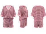 V Neck Stripe Knits Two Piece Shorts Set QYMF-M3090