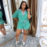 V Neck Stripe Knits Two Piece Shorts Set QYMF-M3090