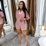 V Neck Stripe Knits Two Piece Shorts Set QYMF-M3090