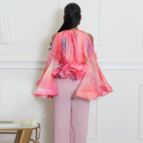 Off Shoulder Mesh Flare Sleeve Tops YF-20214