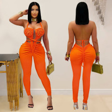 Backless Halterneck Solid Color Jumpsuit BY-7489