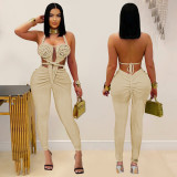 Backless Halterneck Solid Color Jumpsuit BY-7489