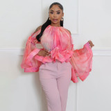 Off Shoulder Mesh Flare Sleeve Tops YF-20214