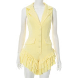 Lapel Sleeveless Ruffled Solid Romper MXBF-D25RP181