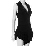 Lapel Sleeveless Ruffled Solid Romper MXBF-D25RP181