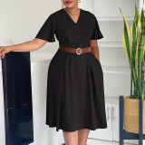 Plus Size V Neck Flare Sleeve Midi Dress GCZF-8636