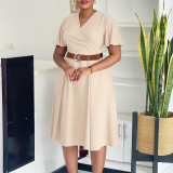 Plus Size V Neck Flare Sleeve Midi Dress GCZF-8636