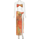 Sexy Print Wrap Chest Split Bikinis Long Skirt 3 Piece Swimsuit XEF-K25S66054